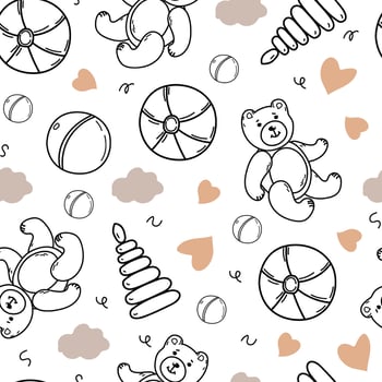 Hand drawn seamless pattern of baby toys, ball, bear, pyramide.. Doodle sketch style.  Baby shower wallpaper, background, textile design vector