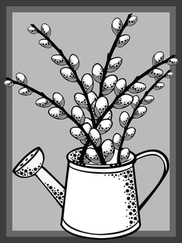 Willow twigs and watering can. Monochrome illustration vector