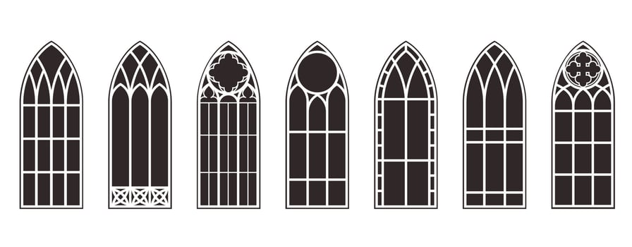 Gothic windows outline set. Silhouette of vintage stained glass church frames. Element of traditional european architecture. Vector illustration