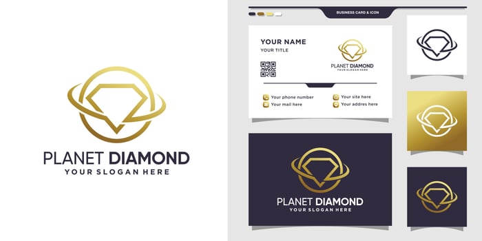 Planet diamond logo with line art style and business card design Premium Vector
