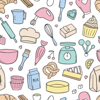 Seamless pattern of baking doodle. Cooking elements. Mixer, butter, flour, spoon, whisk in sketch style.  Hand drawn vector illustration isolated on white background.