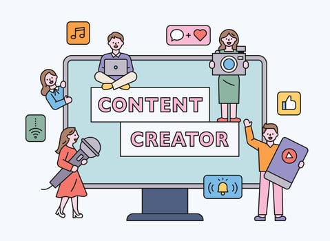 Online content creators are standing in front of a large monitor and saying hello. vector