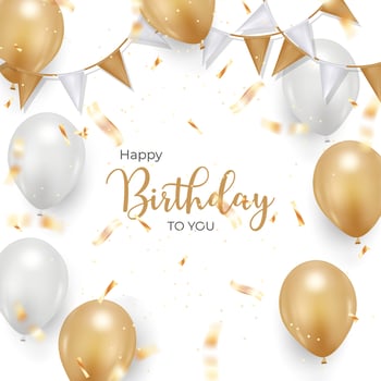 happy birthday background design for greeting card. birthday banner with realistic balloon, rainbow, confetti. vector