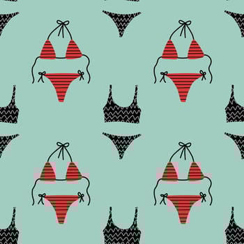 Seamless background with black and red bikinis. Seamless background with seamless pattern. Hand drawn vector. Summer decoration vector. Wrapping paper pattern. vector