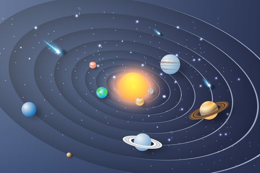 Paper art of Solar system circle background.The planets are rotating around the sun.The galaxy is full of stars.vector,illustration vector