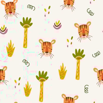 Tiger seamless pattern. Muzzle of a cute tiger cub with jungle plants. Tropical Animals. Children design for fabric, print, wrapper, textile. Vector flat illustration for kids