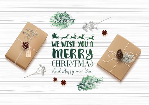 Christmas wooden background with gift boxes and fir tree vector