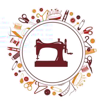 Sewing Machine and Tools, Hand Drawn Elements. Tailoring accessories - threads, scissors, needles, pins, buttons. Vector round frame for seamstress, atelier, fashion design