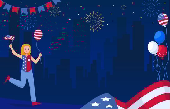 Happy Memorial Day USA With Girl Holding Balloon And American Flag vector