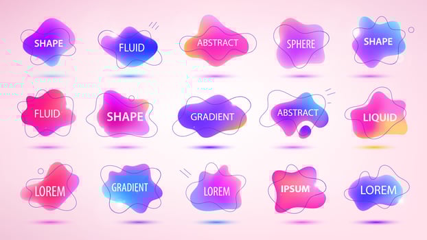 Vector 3d gradient spots set with line shapes isolated. Abstract elements for trendy vibrant color design. Use for logos, tags, labels, background. Fluid blots, wavy drops, flowing elements.