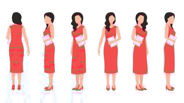woman with office document flat character vector illustration created from different angles. women with office documents flat character vector set.