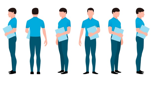 man with office document flat character vector illustration created from different angles. man with office documents flat character vector set.