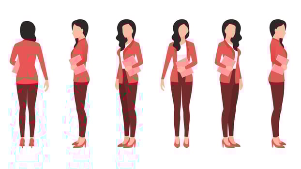 woman with office document flat character vector illustration created from different angles. women with office documents flat character vector set.