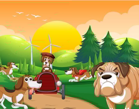 Park scene with many dogs cartoon vector
