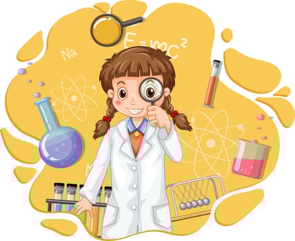 Scientist girl cartoon character with laboratory equipments vector