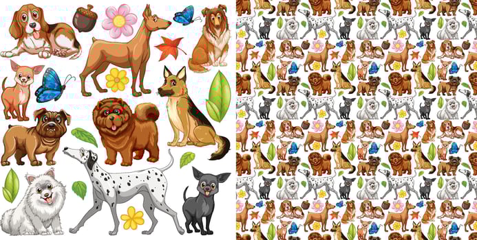 Seamless background with many cute dogs vector