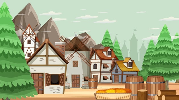 Medieval town cartoon scene vector