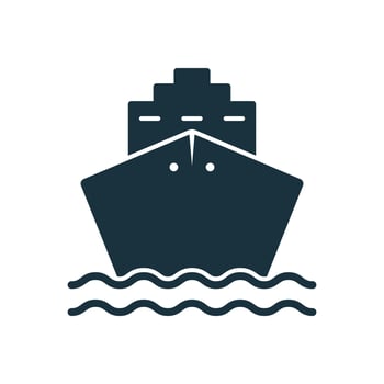 Black Cruise Ship Silhouette Icon. Cargo Boat Pictogram. Ocean Vessel Icon in Front View. Marine Sign for Freight, Distribution, Passenger Travel. Sea Transport Symbol. Isolated Vector Illustration.