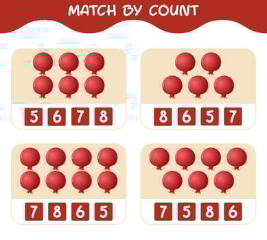 Match by count of cartoon pomegranates. Match and count game. Educational game for pre shool years kids and toddlers vector