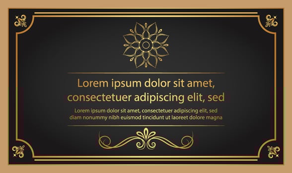 Vintage floral ornament border, Hand drawn decorative element, vector illustration of gold floral frame with black background, Retro design template for page decoration cards, wedding, banner
