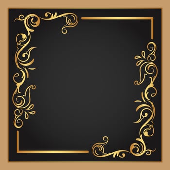 Vintage floral ornament border, Hand drawn decorative element, vector illustration of gold floral frame with black background, Retro design template for page decoration cards, wedding, banner
