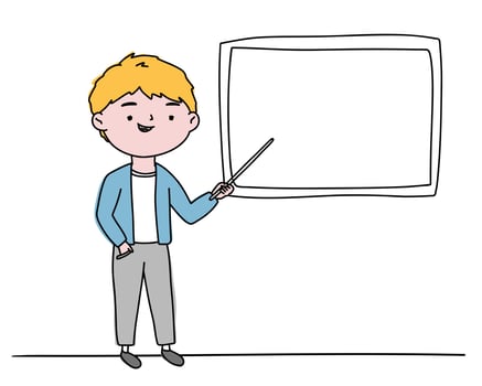 The teacher standing at the blackboard and speaks in class, explains. A smart person on an isolated background for text. vector