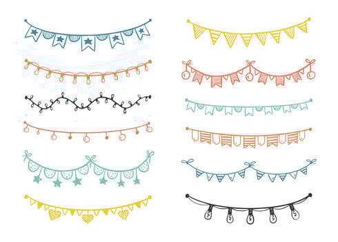 Festive garland painted in doodle style multicolored isolated on a white background Vector illustration for birthday festival carnival holiday decorations.