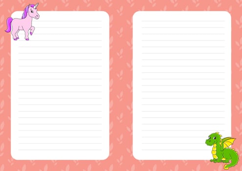 Colored sheet template for notes. Paper page for journal, notebook, diary, letters, schedule, organizer. Fairytale theme. Cute cartoon character. Lined sheet. Vector illustration.