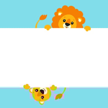 Funny lion and lioness. Cute cartoon character holding white blank poster. With place for text. Colored vector illustration.