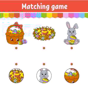 Matching game for kids. Education developing worksheet. Draw a line. Easter theme. Activity page. cartoon character. Vector illustration.