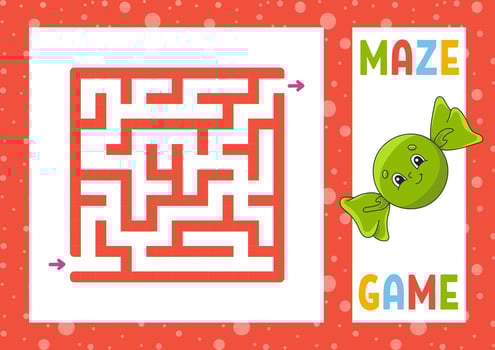 Square maze. Game for kids. Puzzle for children. Happy character. Labyrinth conundrum. Color vector illustration. Find the right path. Isolated vector illustration. Cartoon style.