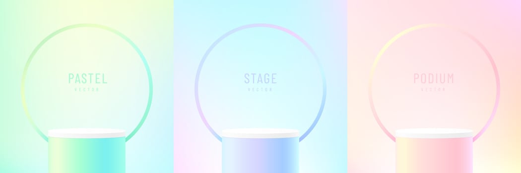 Set of abstract colorful 3D room with realistic green, yellow, pink and blue hologram color cylinder stand podium. Pastel minimal scene for product display. Vector geometric forms. Stage for showcase.