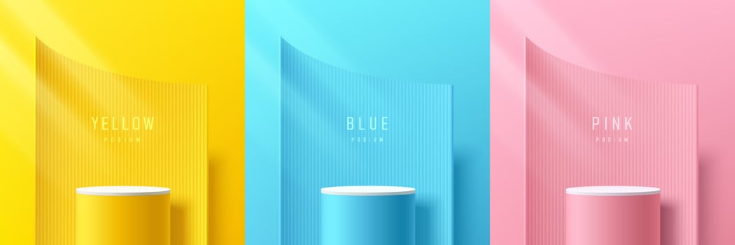 Set of yellow, blue, pink, white cylinder stand podium with vertical lines pattern in curve arch shape background. Abstract vector rendering 3d shape. Product display presentation. Minimal wall scene.