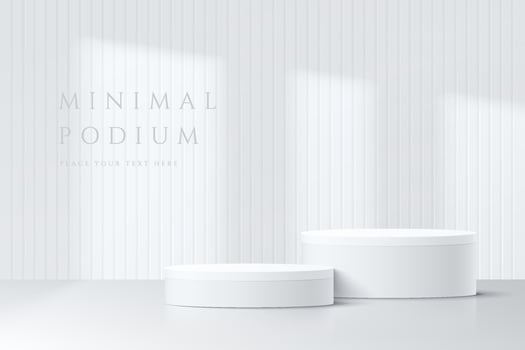 Abstract white 3D room with realistic white cylinder pedestal podium set and window shadow overlay. Minimal scene for product display presentation. Vector mock up geometric forms. Stage for showcase.