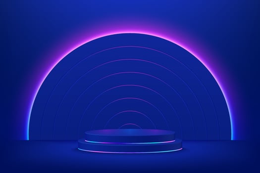 Realistic dark blue 3D cylinder pedestal podium. Sci-fi abstract room with semi circle illuminate neon lighting background. Vector rendering geometric forms, Product display stage. Futuristic scene.