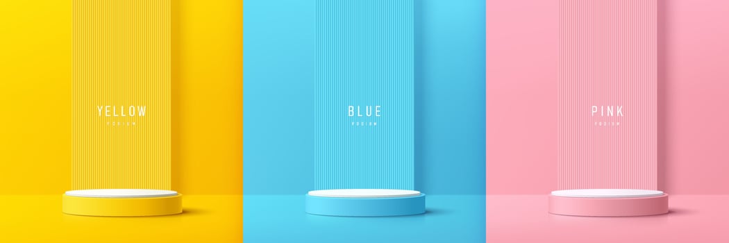 Set of yellow, blue and pink realistic 3d cylinder pedestal podium with vertical texture background. Abstract vector rendering geometric forms. Pastel minimal scene. Stage showcase, Product display.