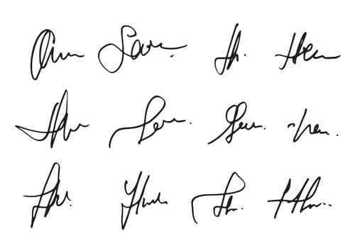 Manual signature for documents on white background. Hand drawn Calligraphy lettering Vector illustration EPS10