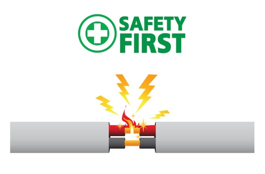 Faulty damaged cable. Short circuit, House fire, Safety first,Vector design vector