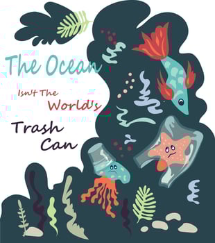 A poster containing a call to save ocean from plastic waste with a sea dewells entangled in a bags, vector. Fighting for ecology and reducing the use of plastic concept. vector