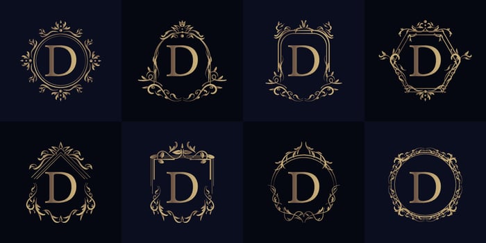 Logo initial D with luxury ornament or flower frame, set collection. vector