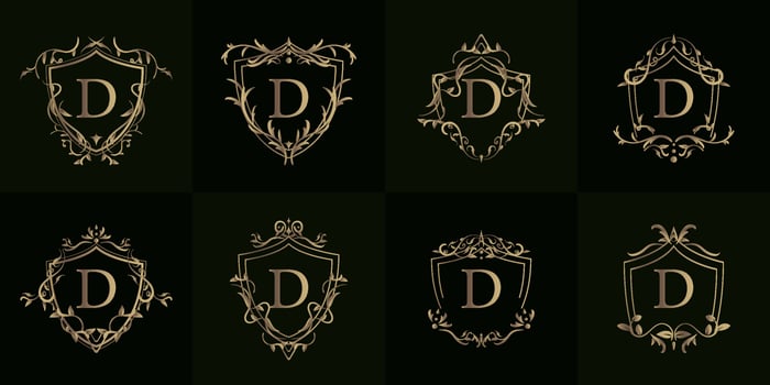 Logo initial D with luxury ornament or flower frame, set collection. vector