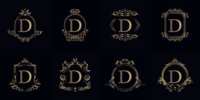 Logo initial D with luxury ornament or flower frame, set collection. vector