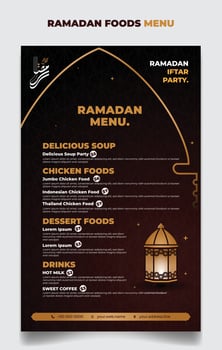 Ramadan menu template in red and gold islamic background with lantern design. Iftar mean is breakfasting and arabic text mean is ramadan. vector