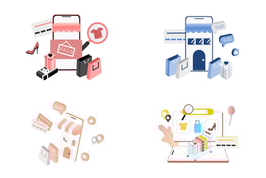 Set of 3D realistic online shopping on website or mobile application concept of vector marketing and digital marketing. Isometric templates for digital store promotion, online payment, big sale, ads.