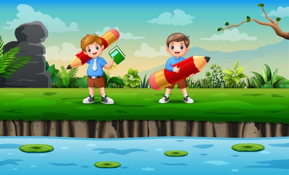 Happy school boys holding big pencil by the lake vector