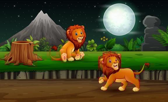 Cartoon lions in night landscape illustration vector