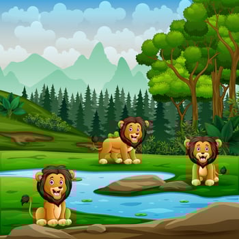 Cartoon lions are playing by the river vector
