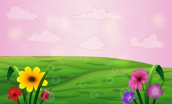Green meadow with flowers and colored sky vector