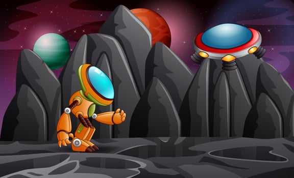 Robot cartoon together in the space illustration vector