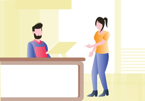 The girl is standing near the restaurant counter for ordering food. vector